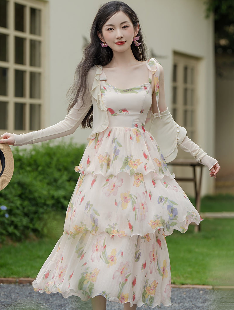 Sweet Floral Print Layered Chiffon Slip Dress with Long Sleeve Cardigan01