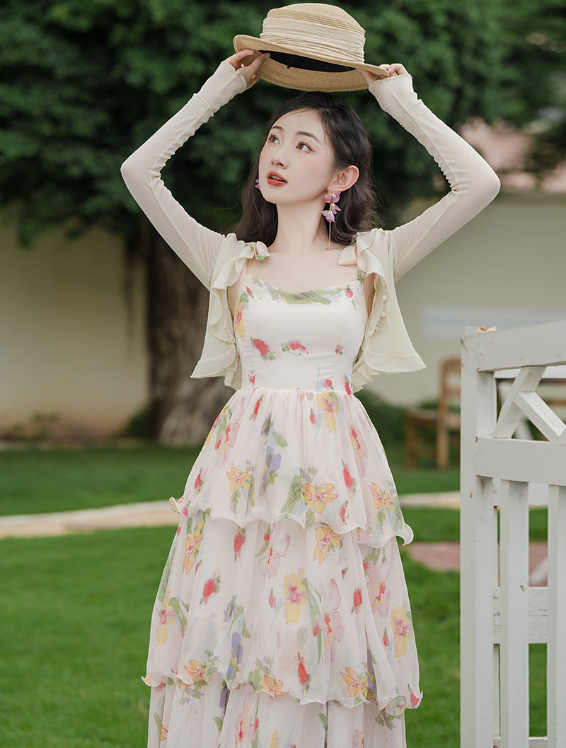 Sweet Floral Print Layered Chiffon Slip Dress with Long Sleeve Cardigan02