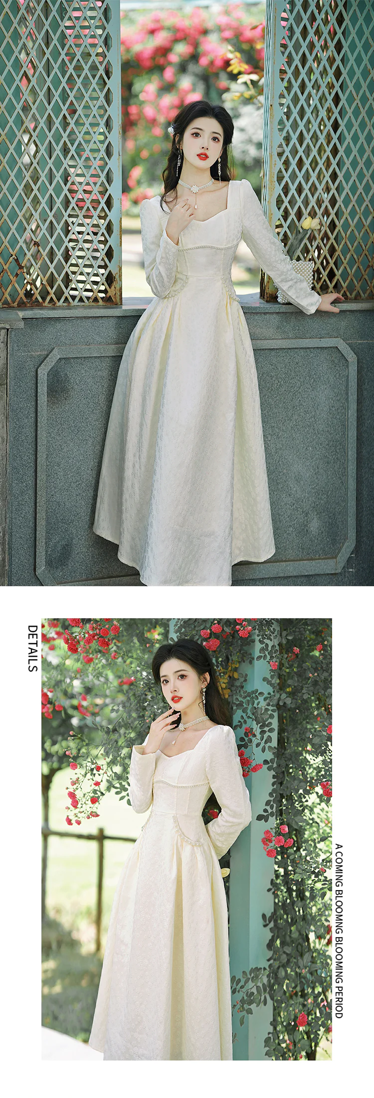 Sweet-White-Jacquard-Square-Neck-Long-Sleeve-Summer-Casual-Dress13