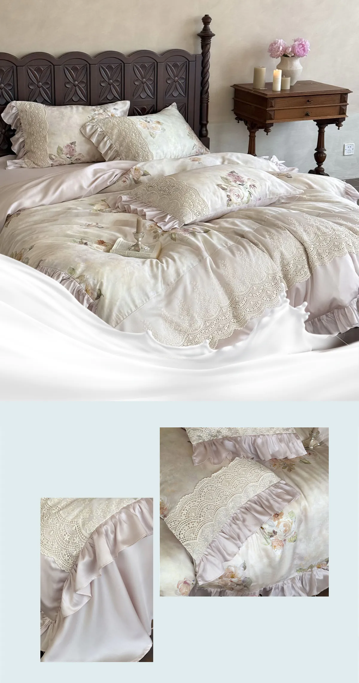 100s-Brushed-Cotton-Lace-Trim-Floral-Print-Full-Queen-King-Bedding-Set12