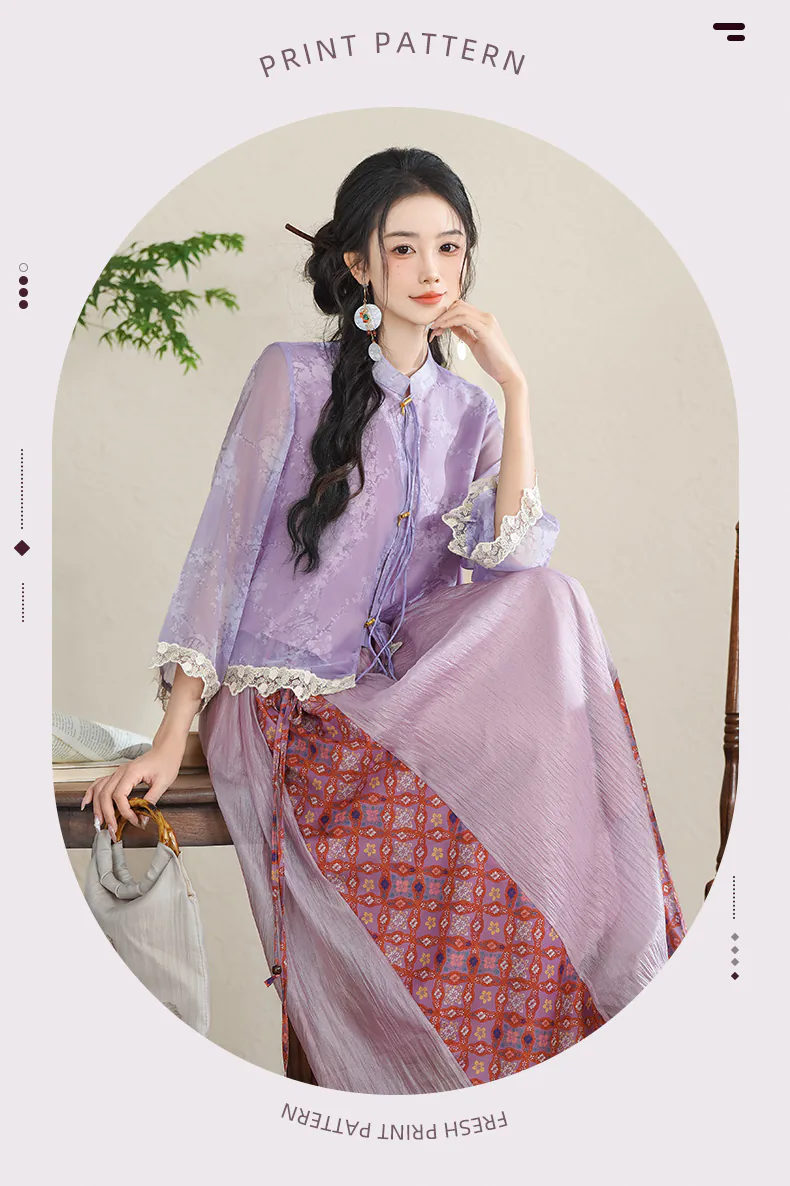 Aesthetic Retro Purple Brocade Ruffle Sleeves Top with Skirt Casual ...