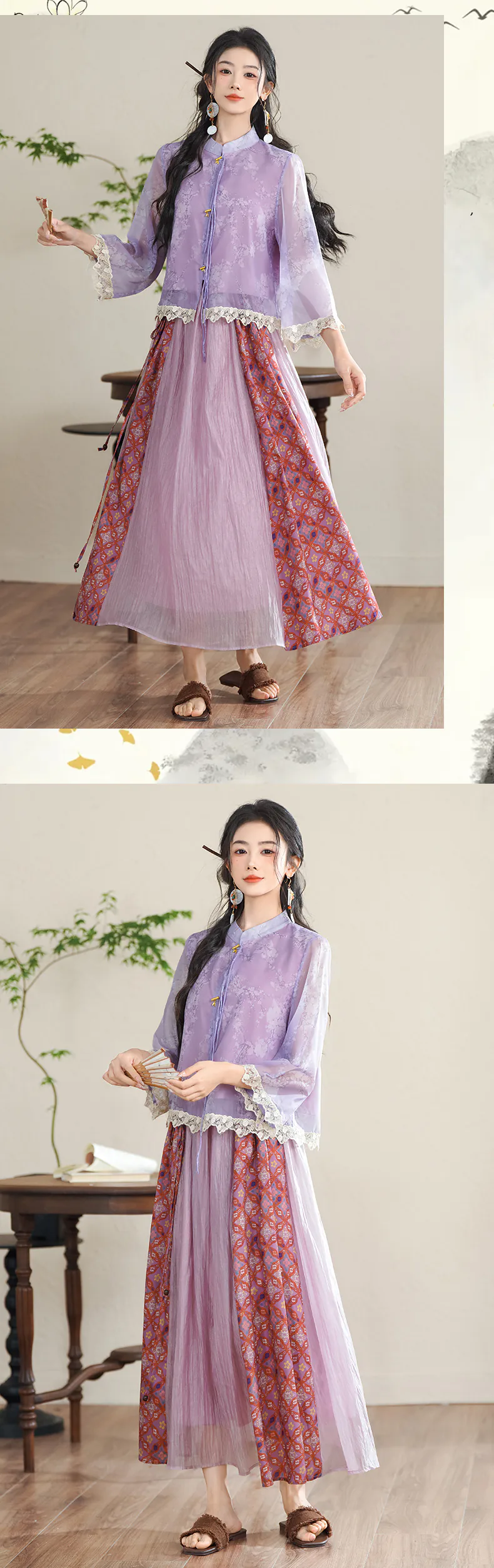 Aesthetic-Retro-Purple-Brocade-Ruffle-Sleeves-Top-with-Skirt-Casual-Suit14