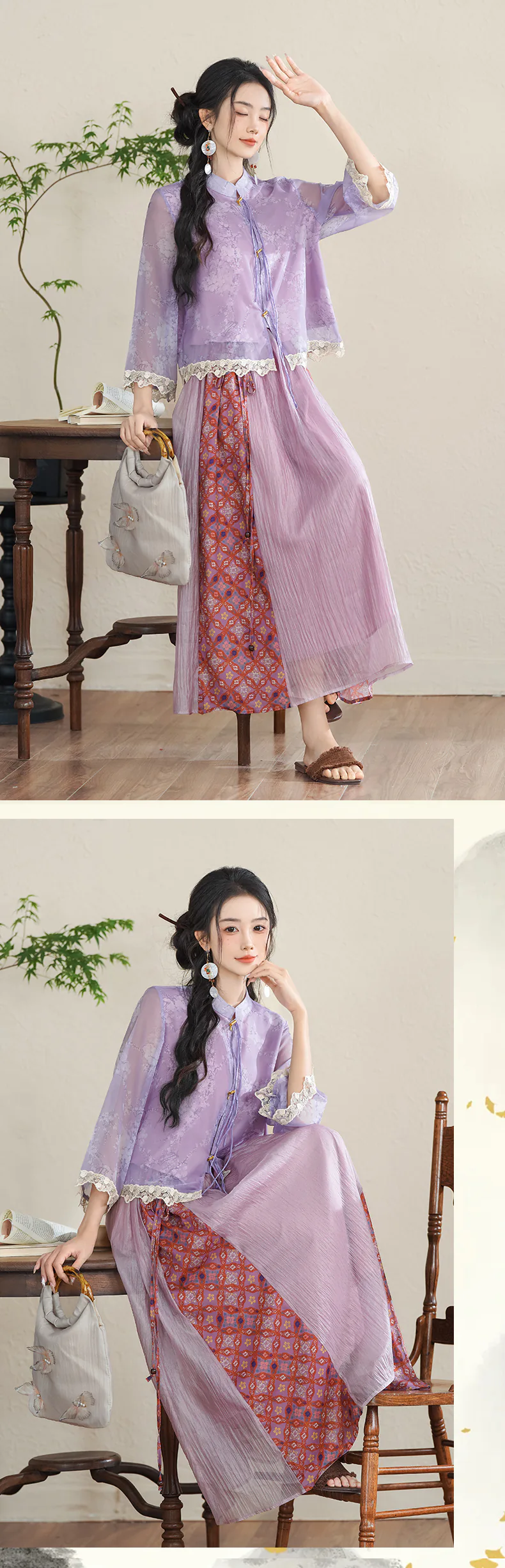 Aesthetic-Retro-Purple-Brocade-Ruffle-Sleeves-Top-with-Skirt-Casual-Suit17
