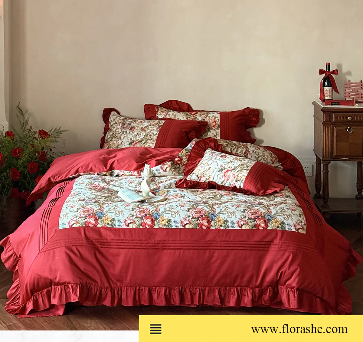 Classic-Floral-Print-Ruffle-Trim-100-Pure-Cotton-Bed-Sheet-Comforter-Cover-Set07