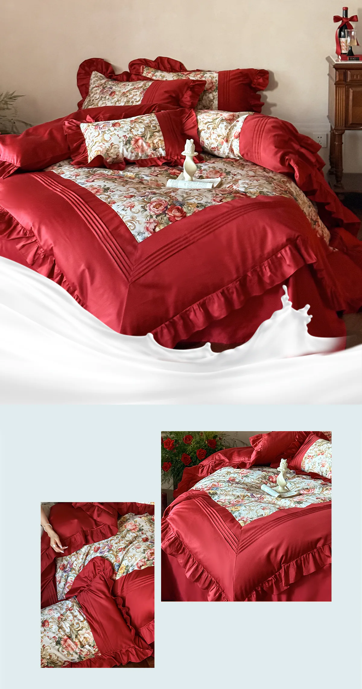 Classic-Floral-Print-Ruffle-Trim-100-Pure-Cotton-Bed-Sheet-Comforter-Cover-Set10