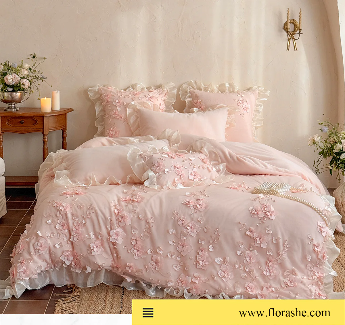 Cottage-3D-Floral-Embroidery-Ruffle-Edge-Soft-Bedding-4-Pcs-Set16