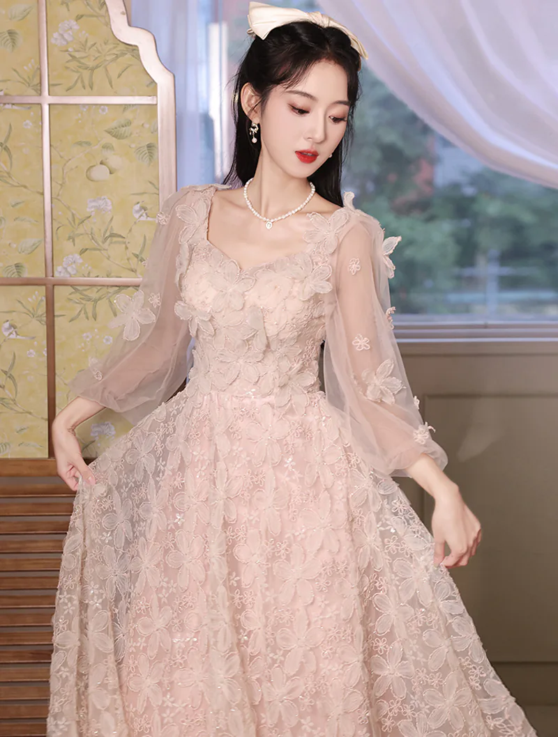 Elegant Pink Flower Petal Long Tulle Sleeve Cocktail Prom Party Dress02