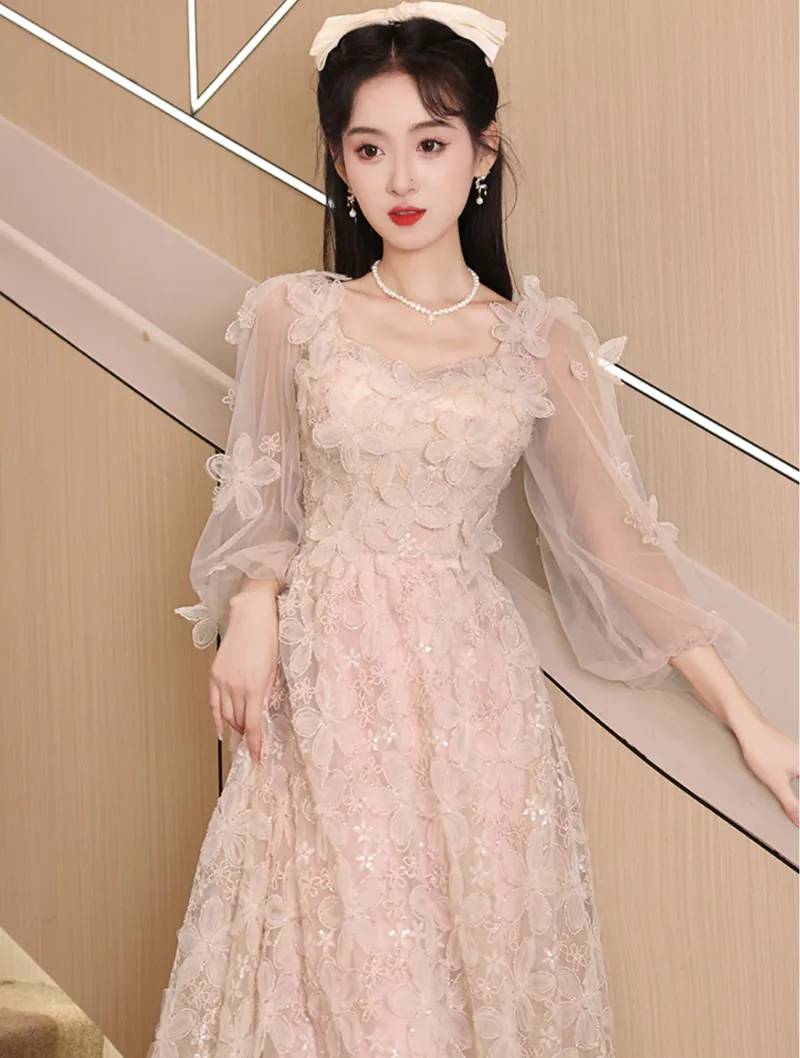 Elegant Pink Flower Petal Long Tulle Sleeve Cocktail Prom Party Dress01