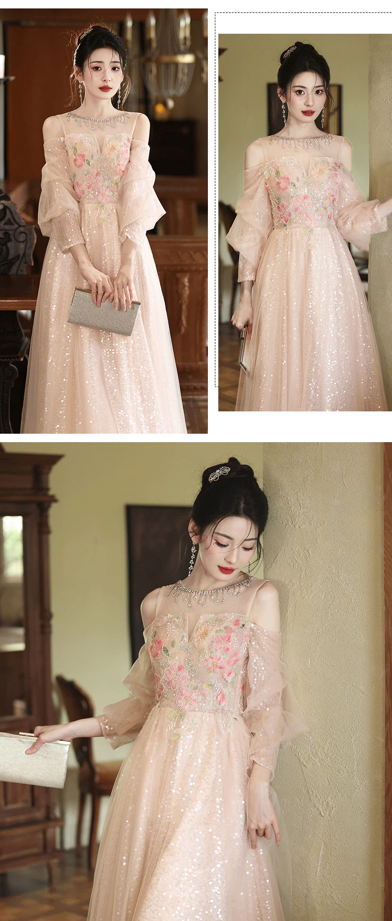 Ethereal-Champagne-Floral-Embroidery-Sheer-Puff-Sleeves-Tulle-Evening-Gown10
