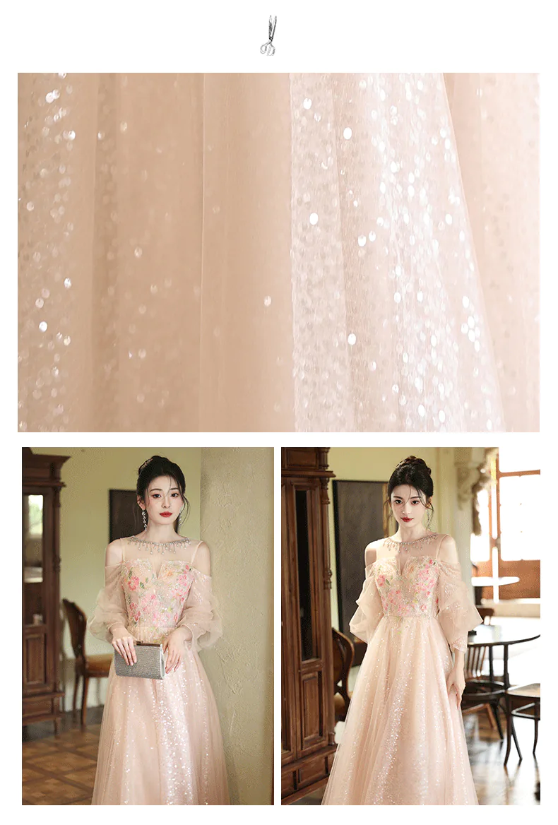 Ethereal-Champagne-Floral-Embroidery-Sheer-Puff-Sleeves-Tulle-Evening-Gown11