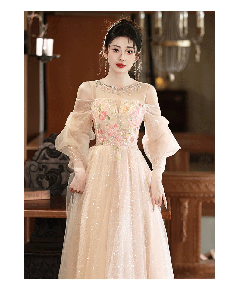 Ethereal-Champagne-Floral-Embroidery-Sheer-Puff-Sleeves-Tulle-Evening-Gown13