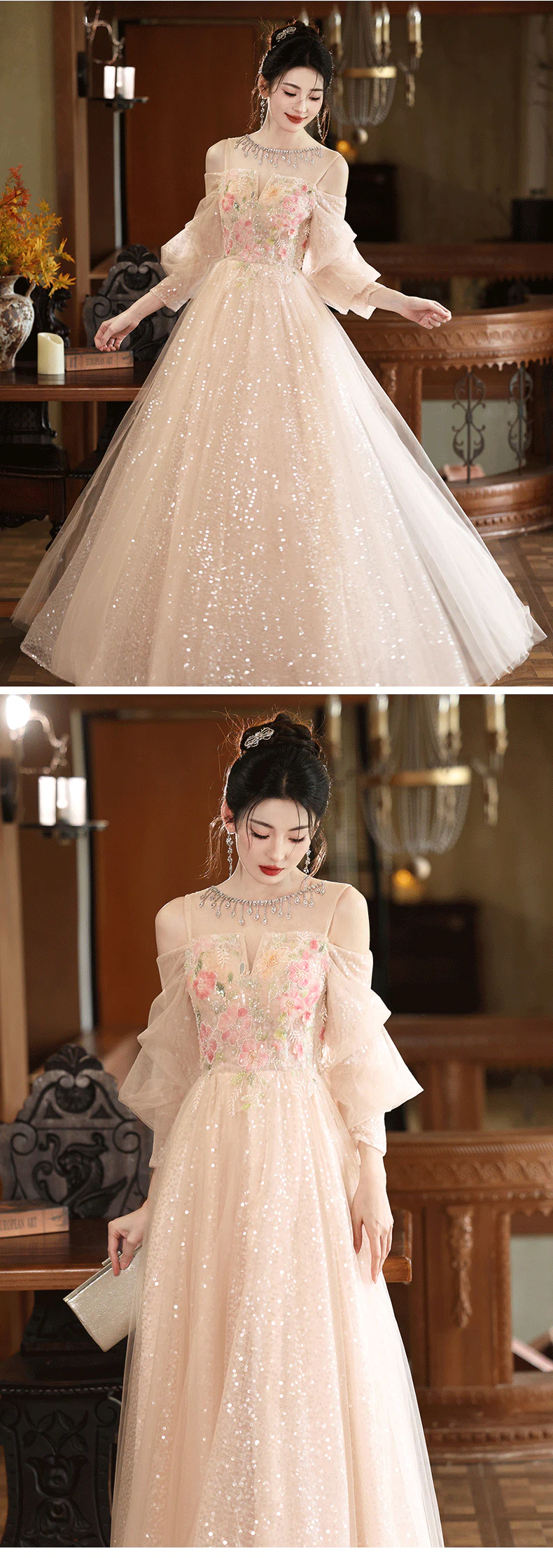 Ethereal-Champagne-Floral-Embroidery-Sheer-Puff-Sleeves-Tulle-Evening-Gown14