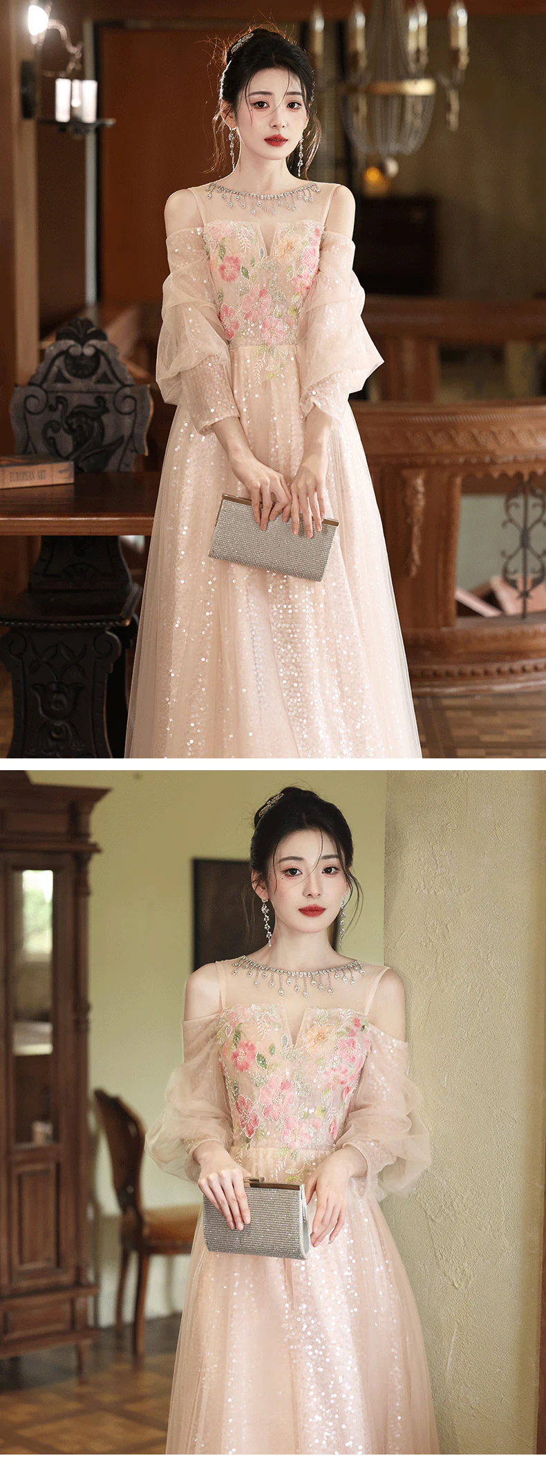 Ethereal-Champagne-Floral-Embroidery-Sheer-Puff-Sleeves-Tulle-Evening-Gown15