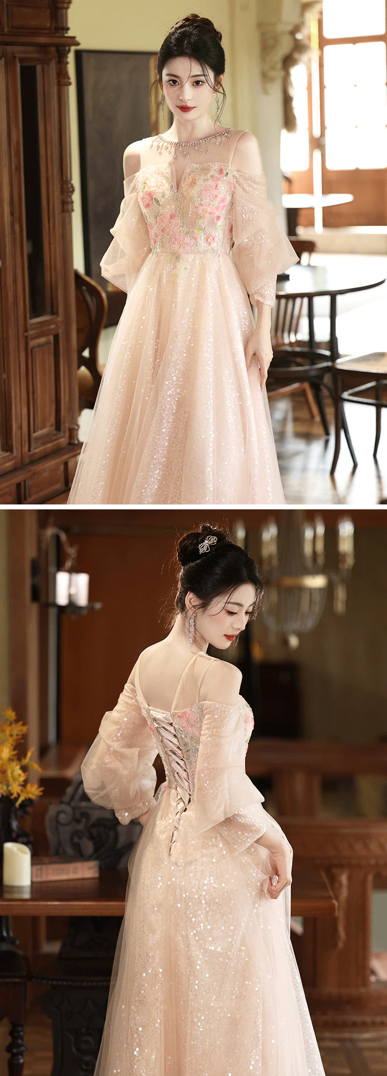 Ethereal-Champagne-Floral-Embroidery-Sheer-Puff-Sleeves-Tulle-Evening-Gown16
