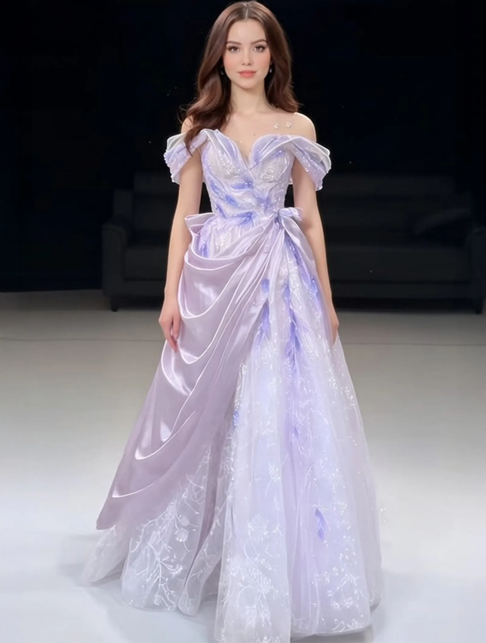 Ethereal Lavender Sweetheart Neckline Off Shoulder Tulle Satin Ball 