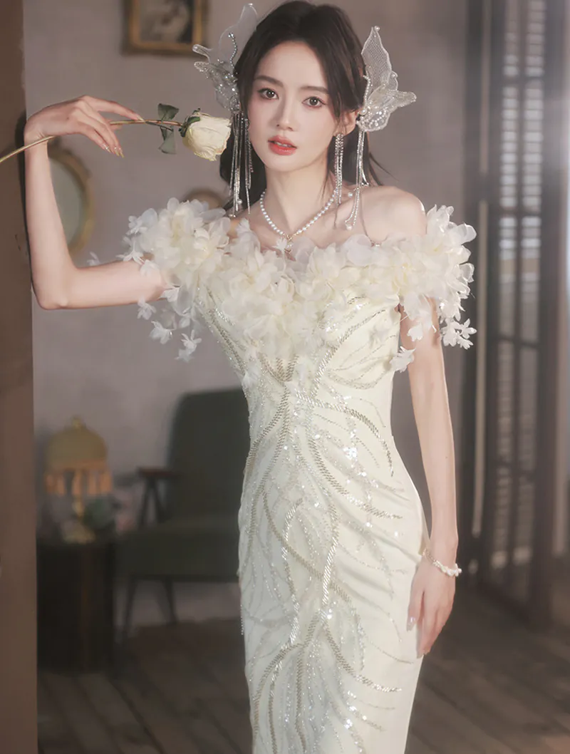 Fairy Creamy White Off the Shoulder Fishtail Banquet Prom Party Dress03