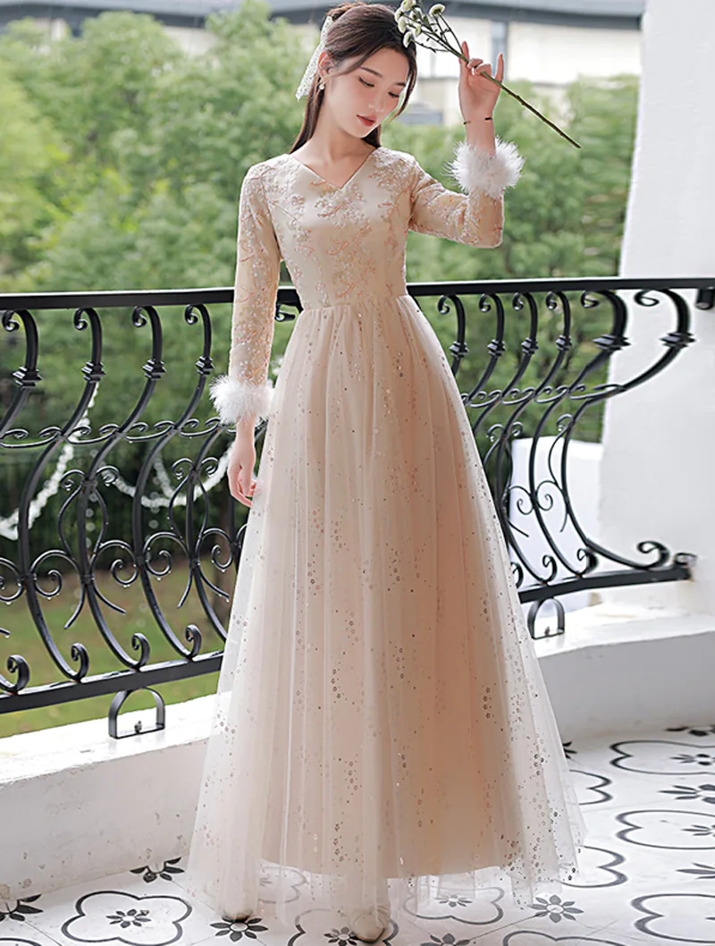Fashion Champagne Long Sleeve Faux Fur Cuffs Thick Bridesmaid Dress02