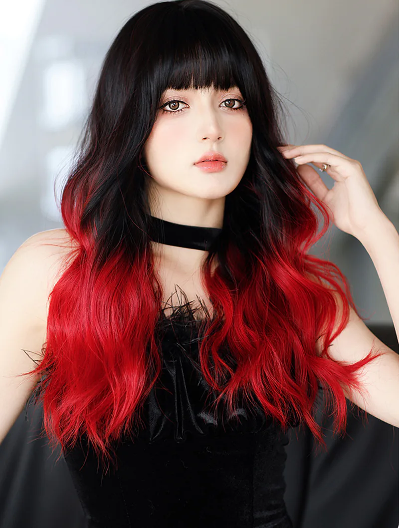 Fashion Natural Synthetic Wavy Curly Hair Gradient Red Wigs with Bang01