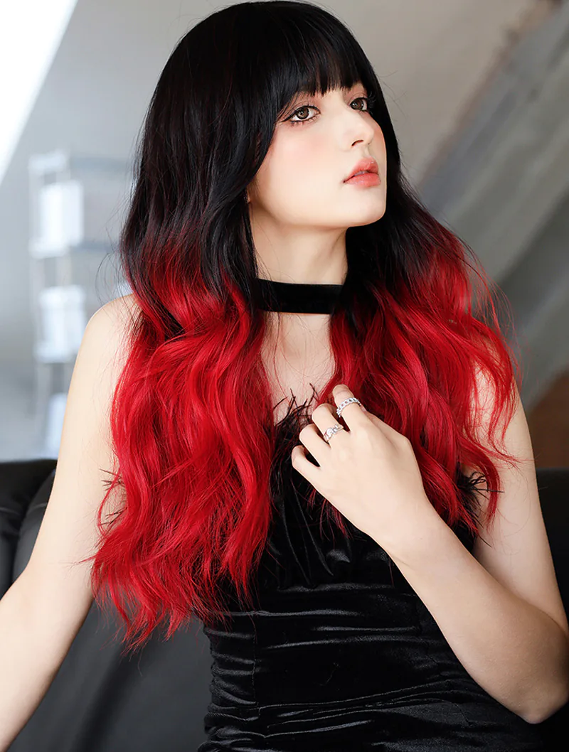 Fashion Natural Synthetic Wavy Curly Hair Gradient Red Wigs with Bang02