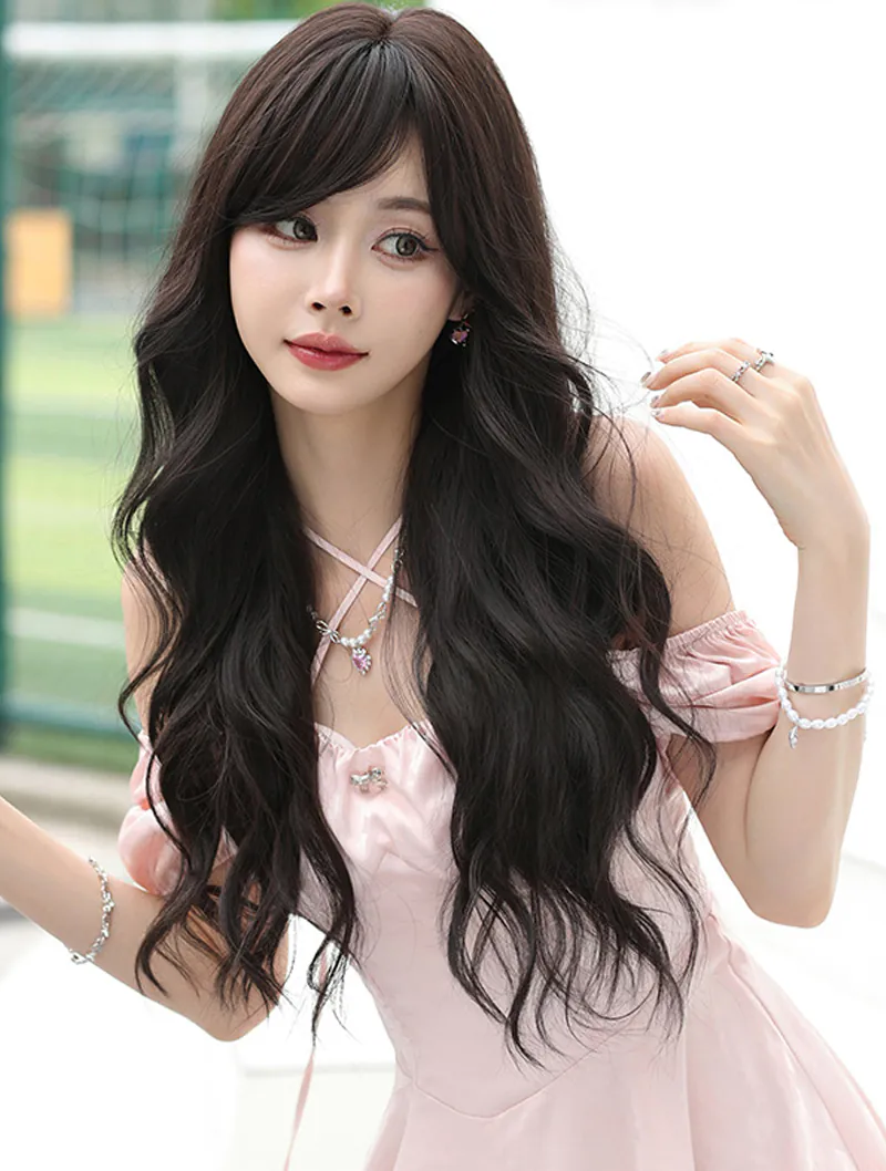 Fashion Synthetic Long Black Wavy Daily Use Wig with Side Swept Bangs01