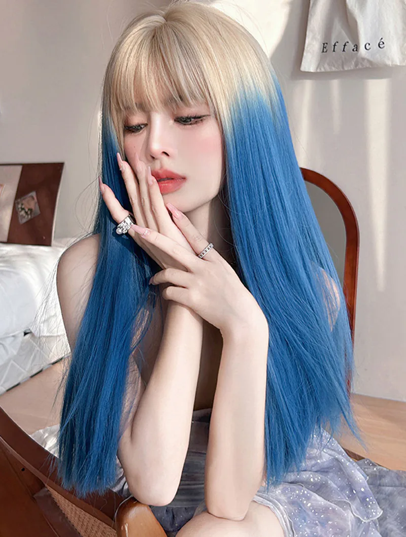 Gradient Ice Blue Halloween Cosplay Daily Party Straight Wig for Ladies02