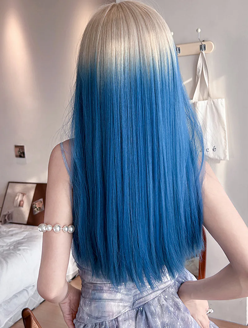 Gradient Ice Blue Halloween Cosplay Daily Party Straight Wig for Ladies ...