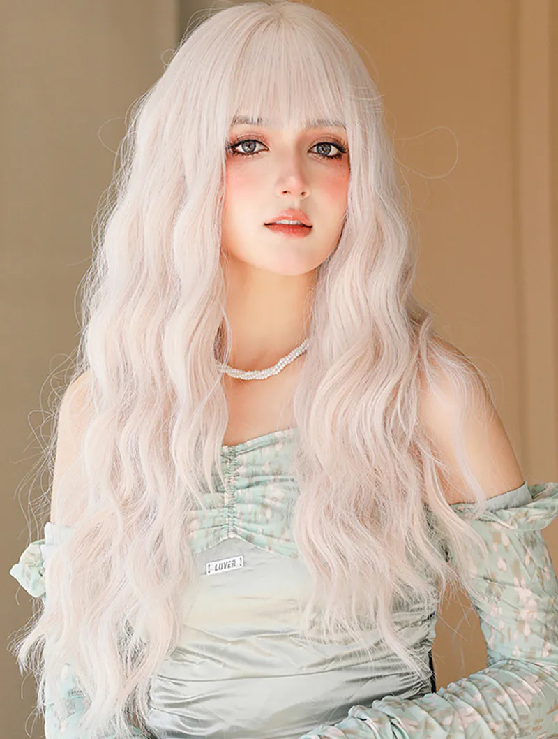 Ladies Daily Party Cosplay Silver Pink Hair Long Wavy Wig with Bang01