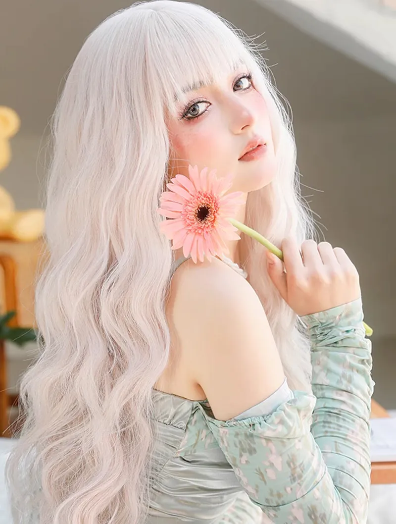 Ladies Daily Party Cosplay Silver Pink Hair Long Wavy Wig with Bang02