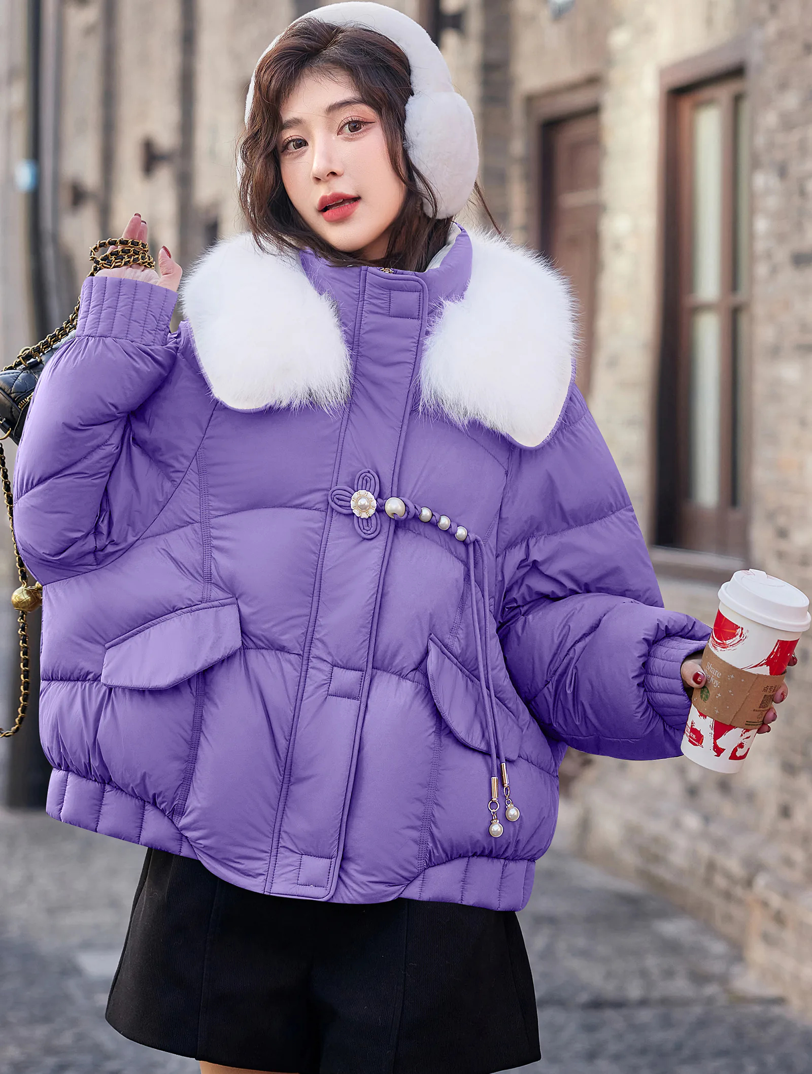 Ladies Faux Fur Collar White Duck Down Winter Casual Coat02