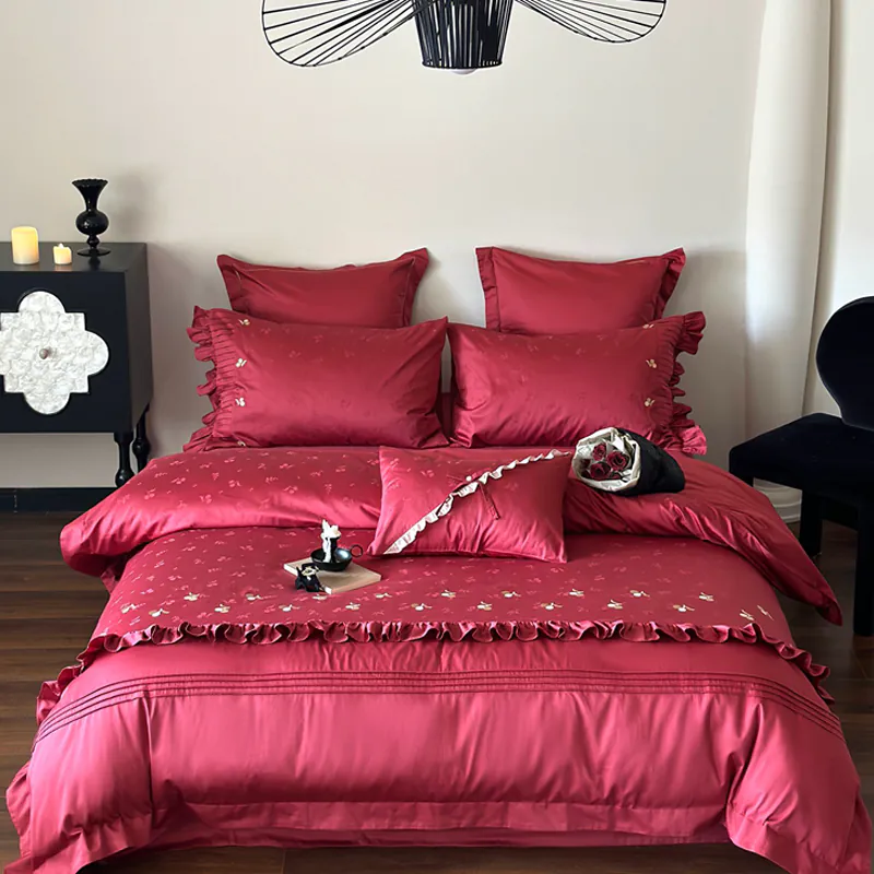 Luxury 100s Cotton Floral Jacquard Red Wedding Bedding 4 Pcs Set01