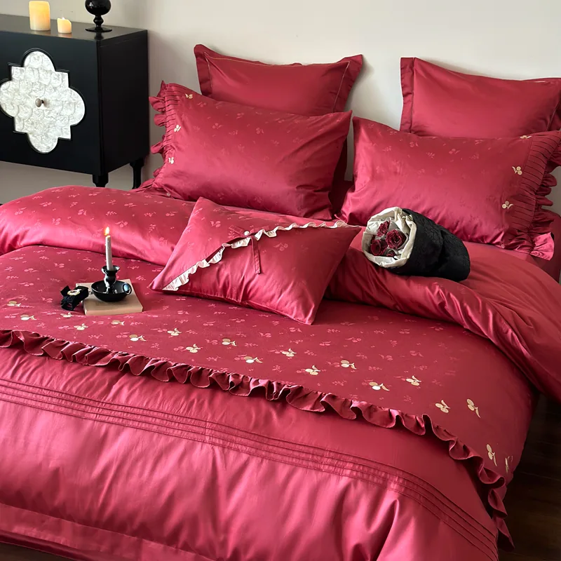 Luxury 100s Cotton Floral Jacquard Red Wedding Bedding 4 Pcs Set02