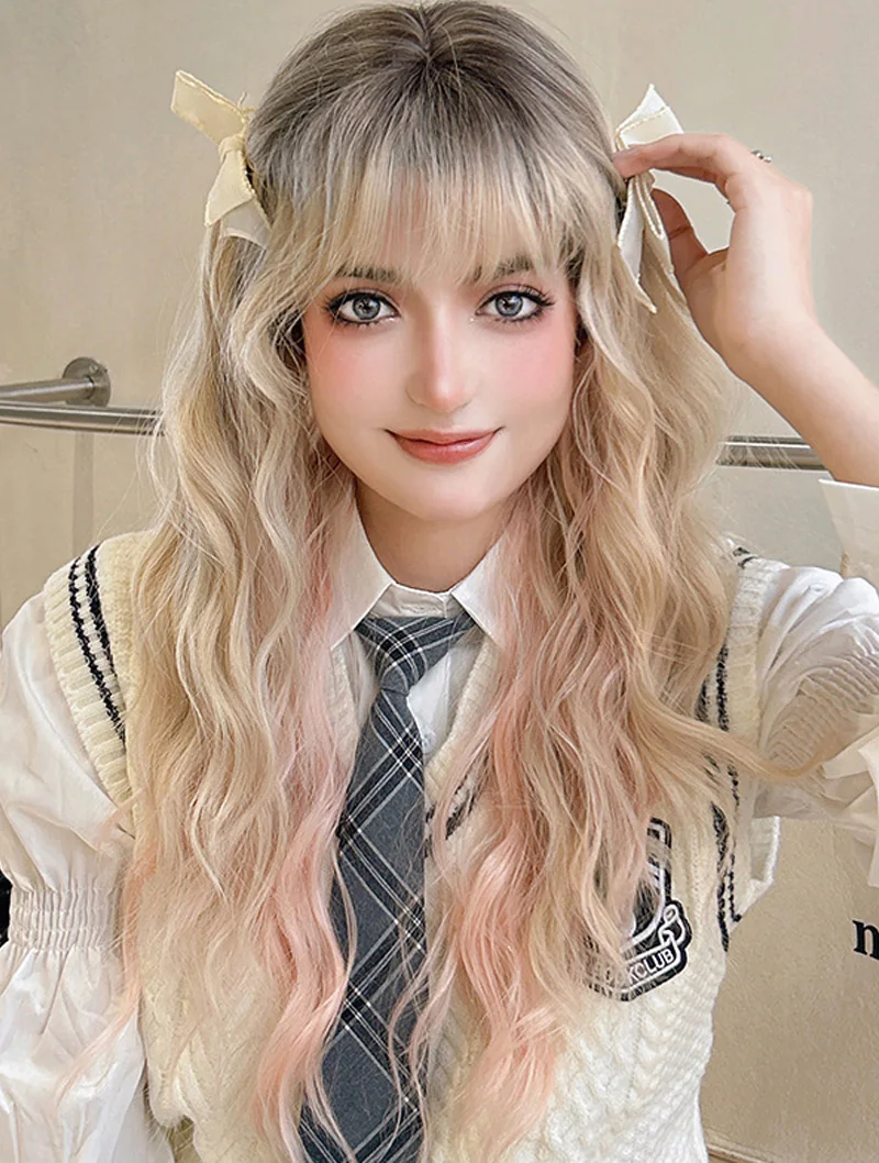 Pink Blonde Halloween Cosplay Party Synthetic Long Wavy Hair Wigs02