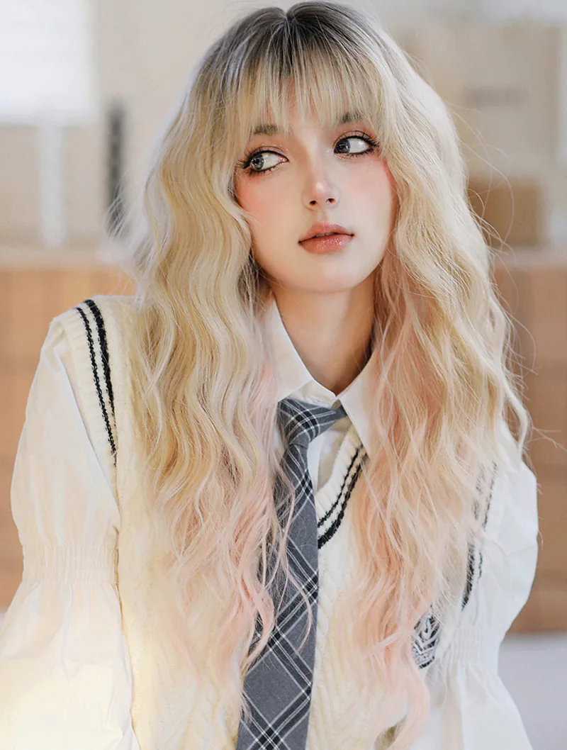 Pink Blonde Halloween Cosplay Party Synthetic Long Wavy Hair Wigs04
