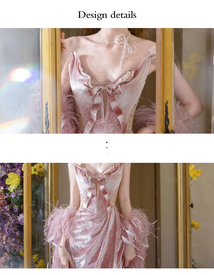 Retro-Strapless-Pink-Velvet-Evening-Gown-Bridal-Robe-with-Feather-Shawl08