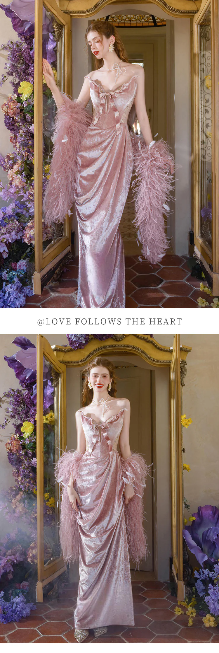 Retro-Strapless-Pink-Velvet-Evening-Gown-Bridal-Robe-with-Feather-Shawl09