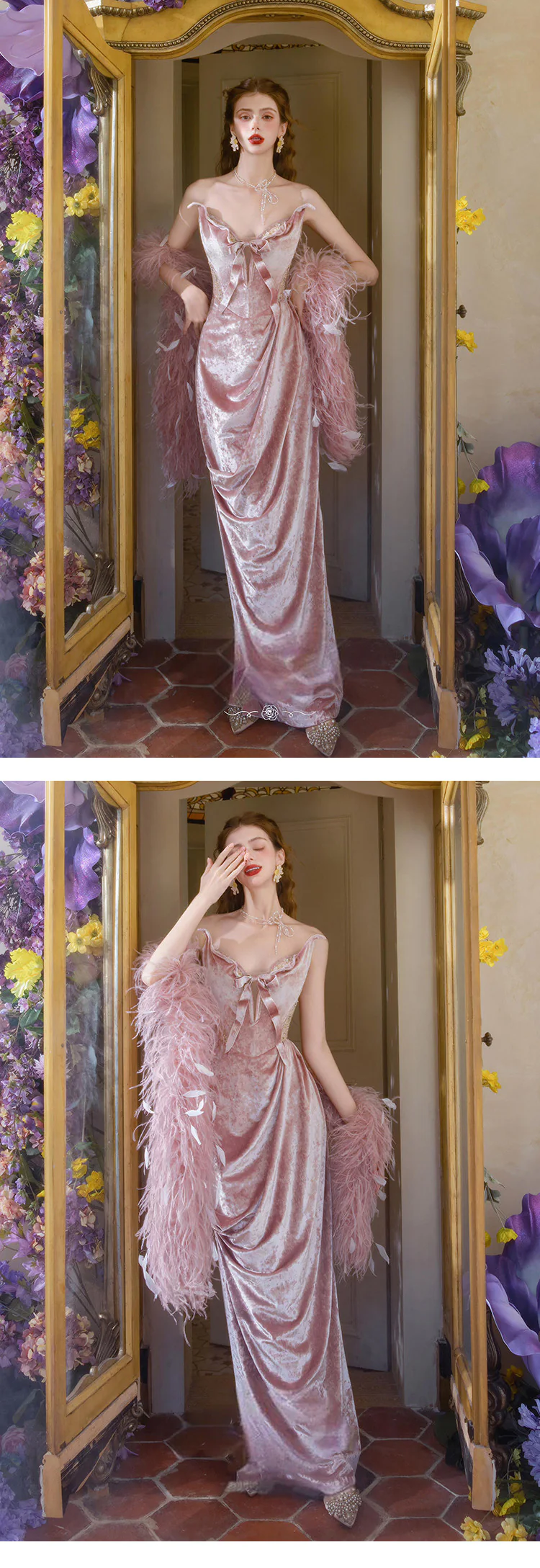 Retro-Strapless-Pink-Velvet-Evening-Gown-Bridal-Robe-with-Feather-Shawl10