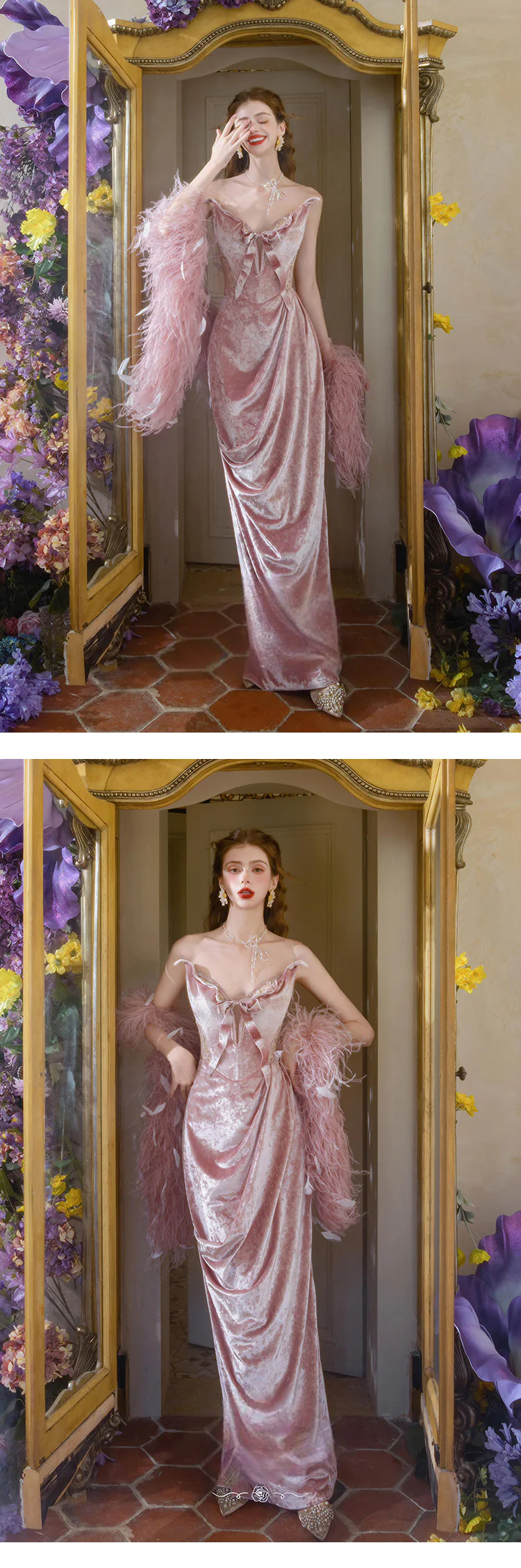Retro-Strapless-Pink-Velvet-Evening-Gown-Bridal-Robe-with-Feather-Shawl11