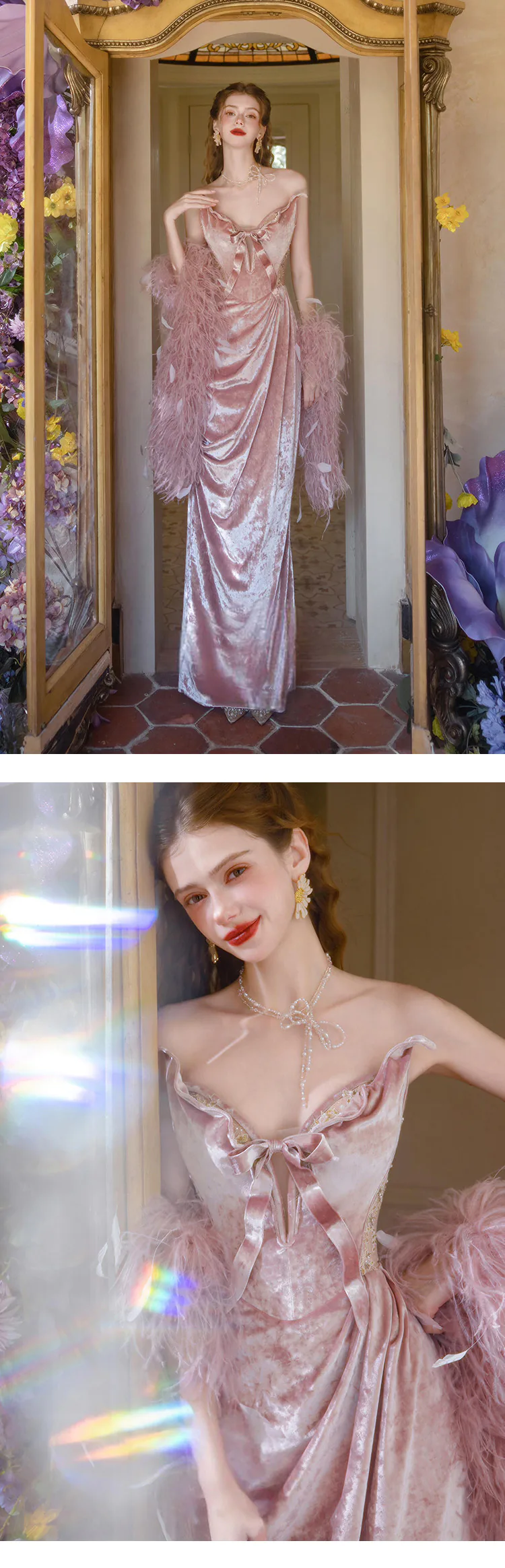 Retro-Strapless-Pink-Velvet-Evening-Gown-Bridal-Robe-with-Feather-Shawl12