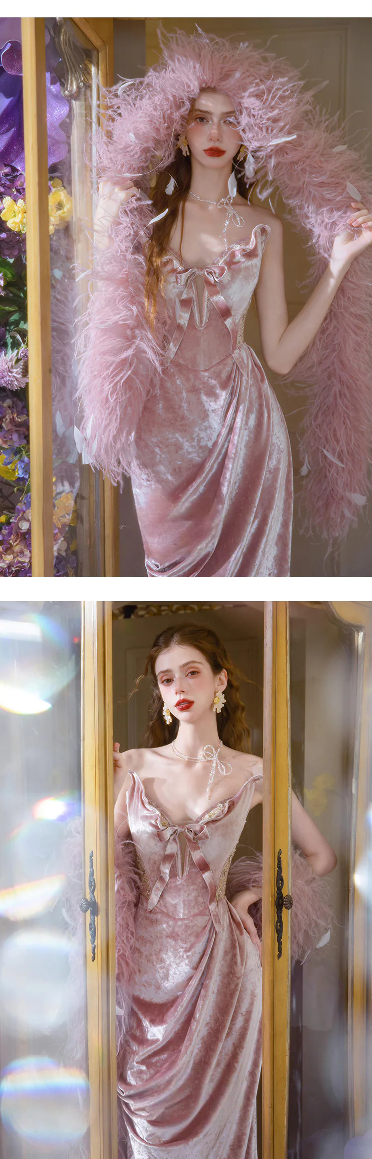Retro-Strapless-Pink-Velvet-Evening-Gown-Bridal-Robe-with-Feather-Shawl13
