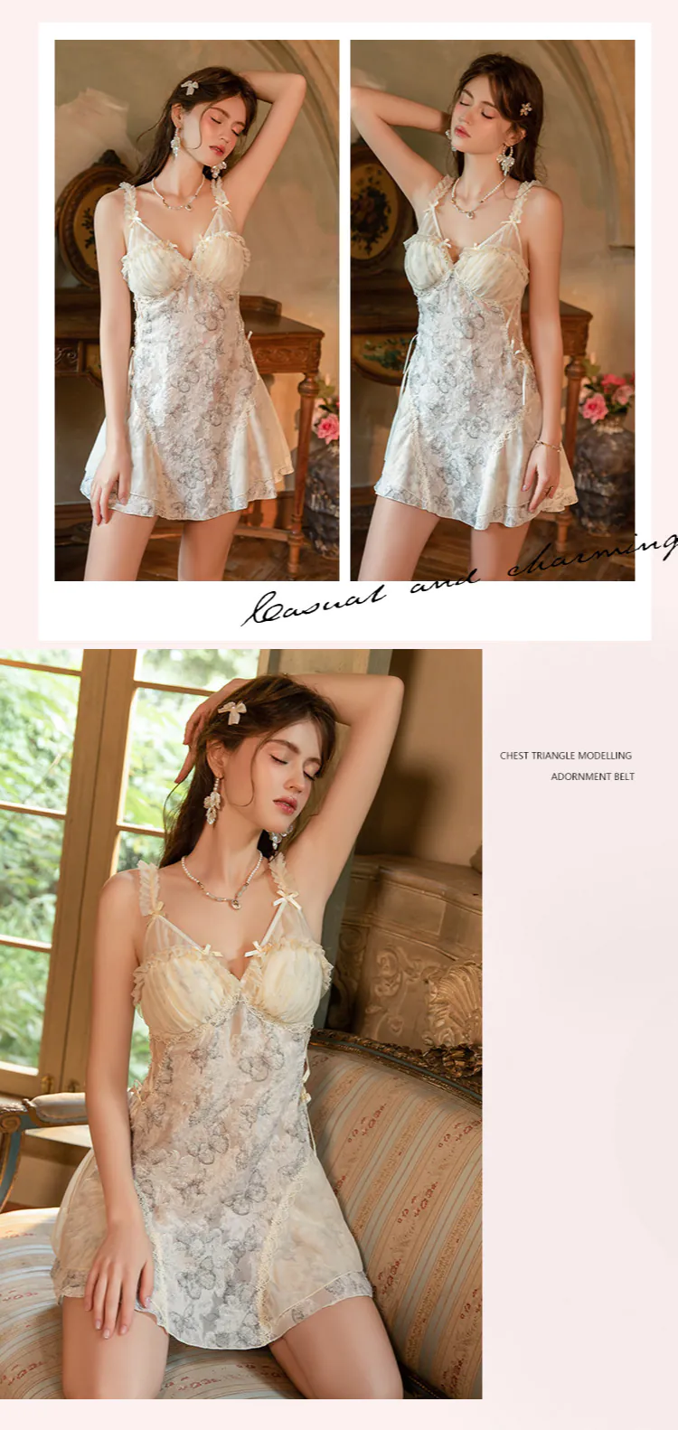 Sexy-Light-Yellow-Deep-V-Butterfly-Print-Plush-Padded-Bra-Lace-Nightgown08