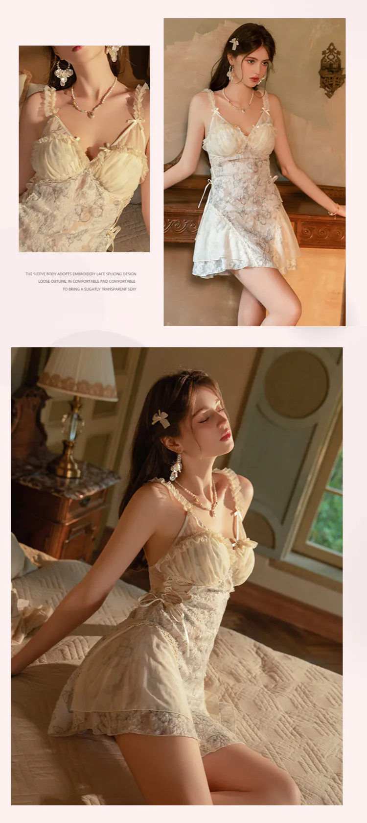 Sexy-Light-Yellow-Deep-V-Butterfly-Print-Plush-Padded-Bra-Lace-Nightgown09