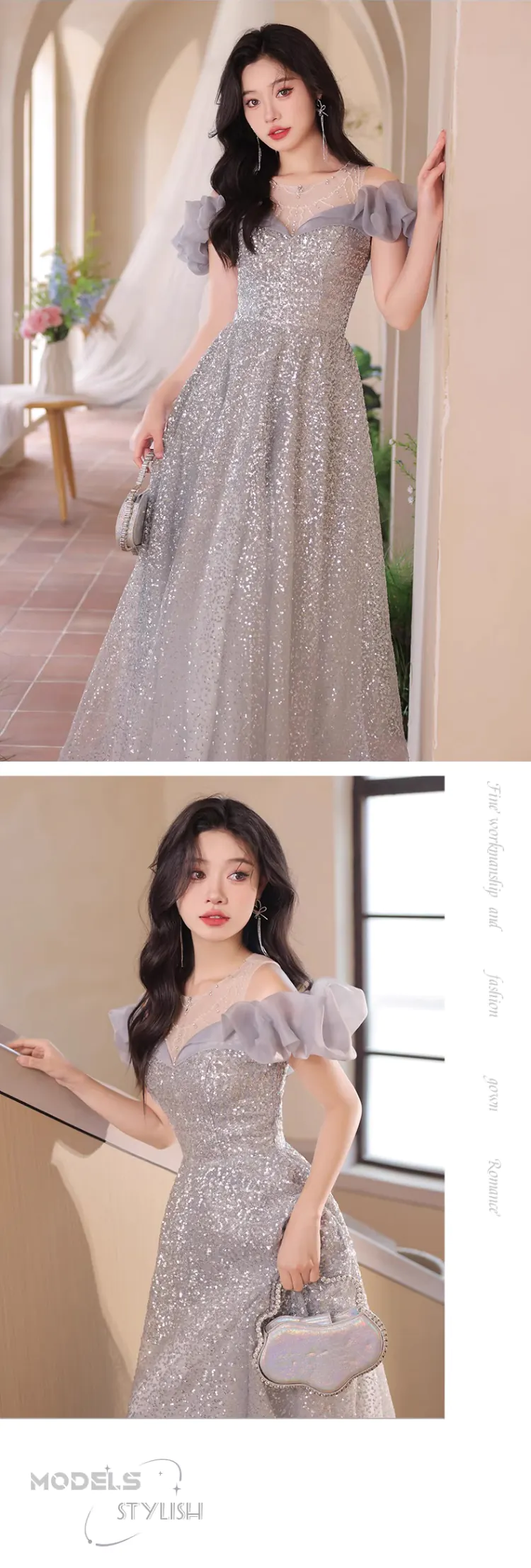 Short-Puff-Sleeves-Silver-Banquet-Hosting-Prom-Dress-Evening-Gown13