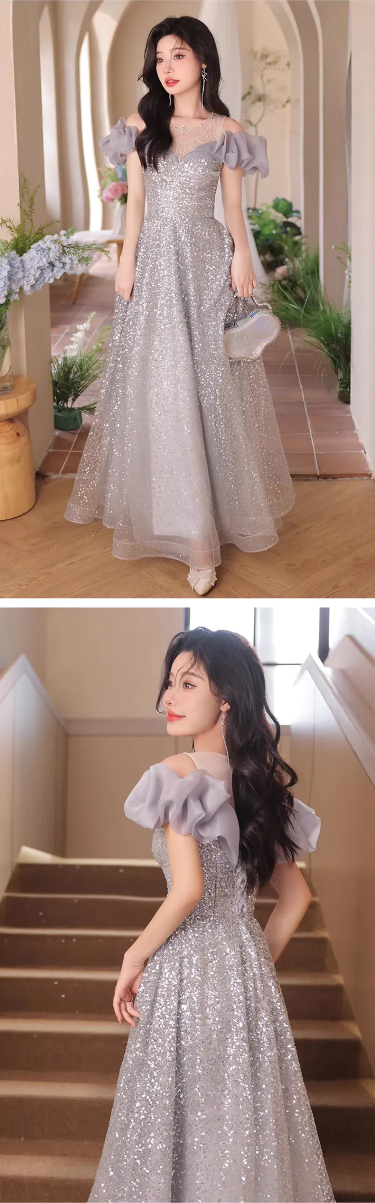 Short-Puff-Sleeves-Silver-Banquet-Hosting-Prom-Dress-Evening-Gown15