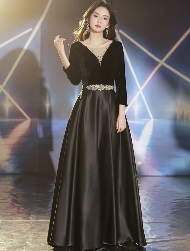 Simple Black Velvet Long Sleeve Party Formal Dress Evening Gowns01