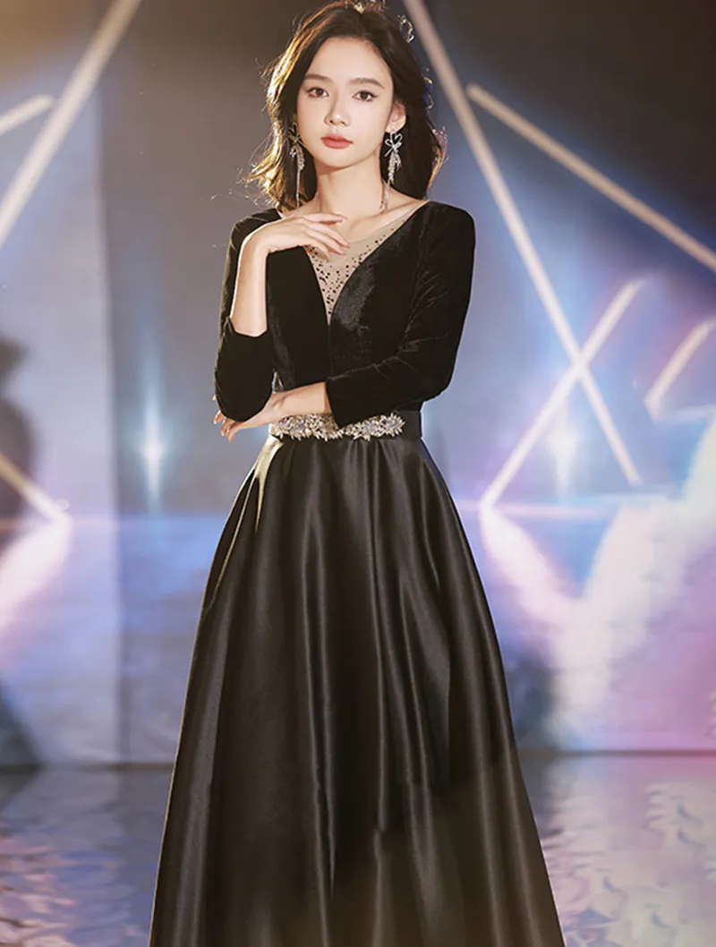 Simple Black Velvet Long Sleeve Party Formal Dress Evening Gowns03