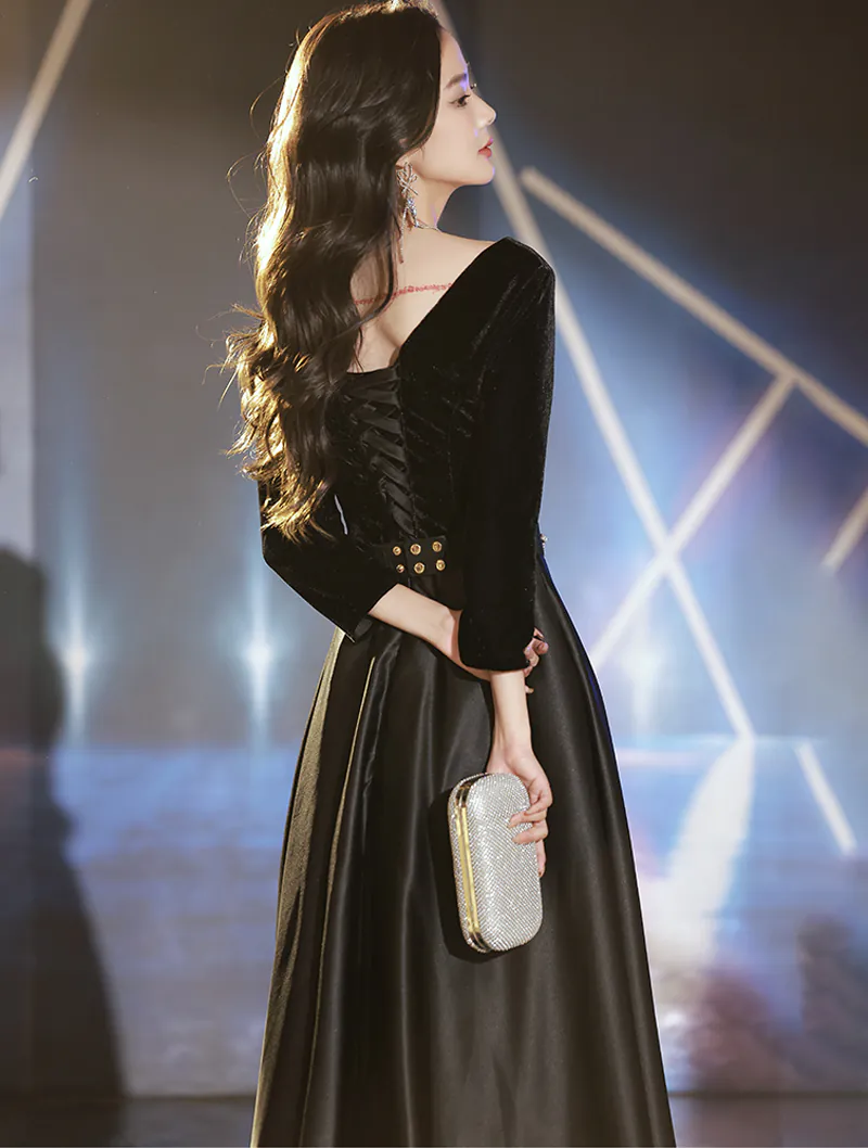 Simple Black Velvet Long Sleeve Party Formal Dress Evening Gowns05