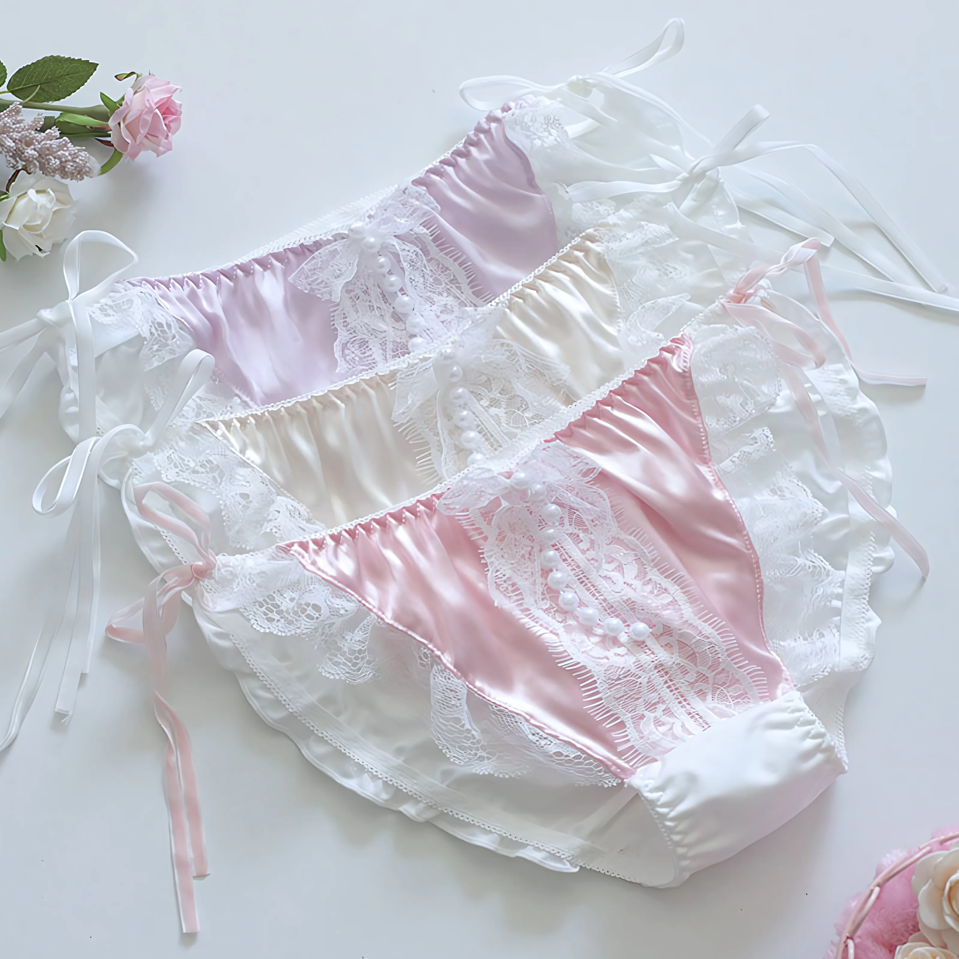 Soft Milk Silk Lace Pearl Satin Ribbon Bow Tie Underwear Briefs01
