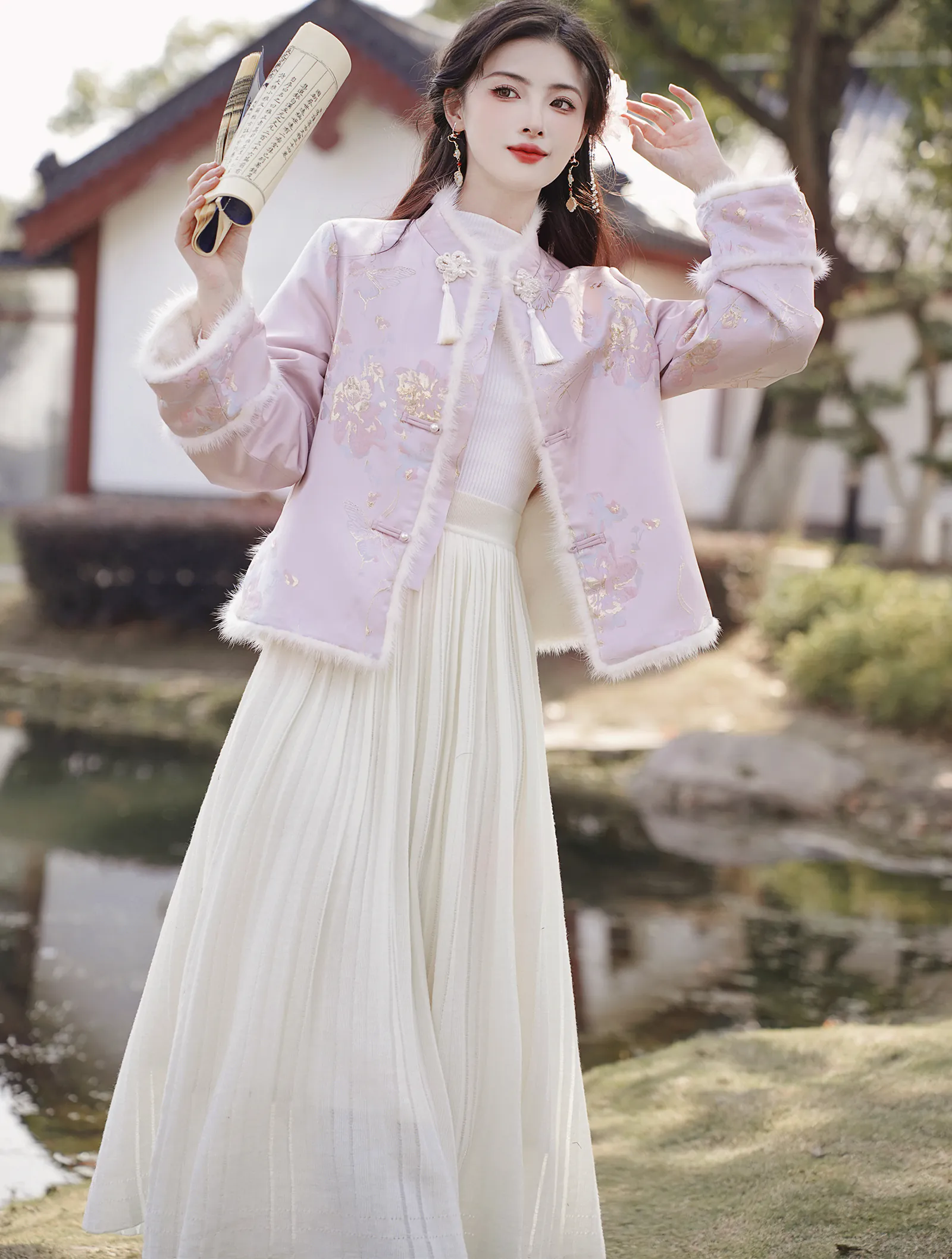 Sweet Chanel Style Fall Winter Casual Pink Warm Coat with Pleated Skirt02