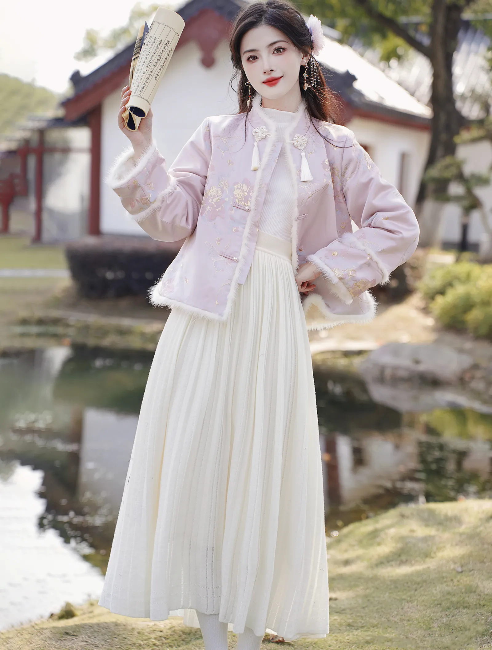 Sweet Chanel Style Fall Winter Casual Pink Warm Coat with Pleated Skirt04
