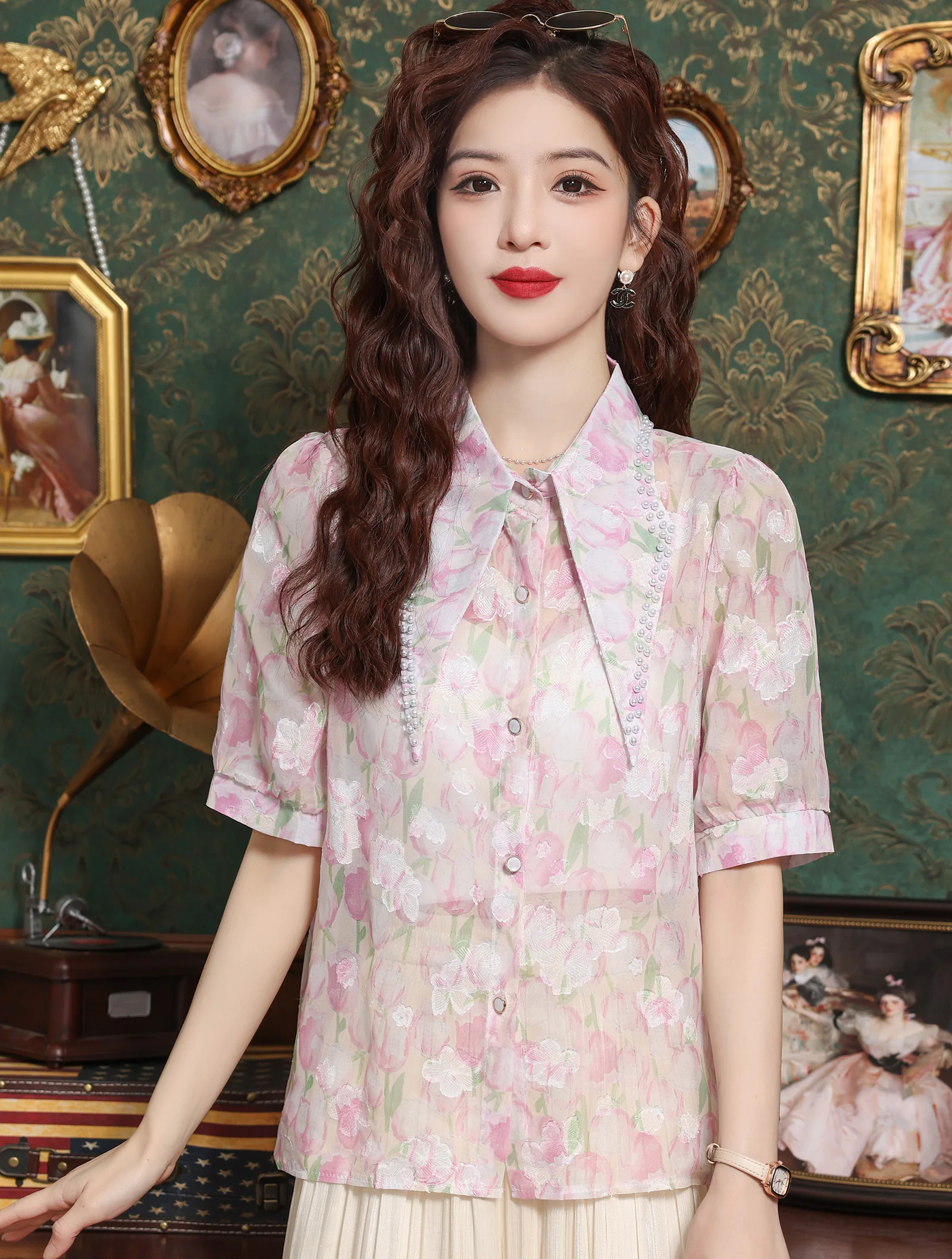 Sweet Ladies Pink Floral Sharp Collar Chiffon Shirt Blouse Office Wear FloraShe